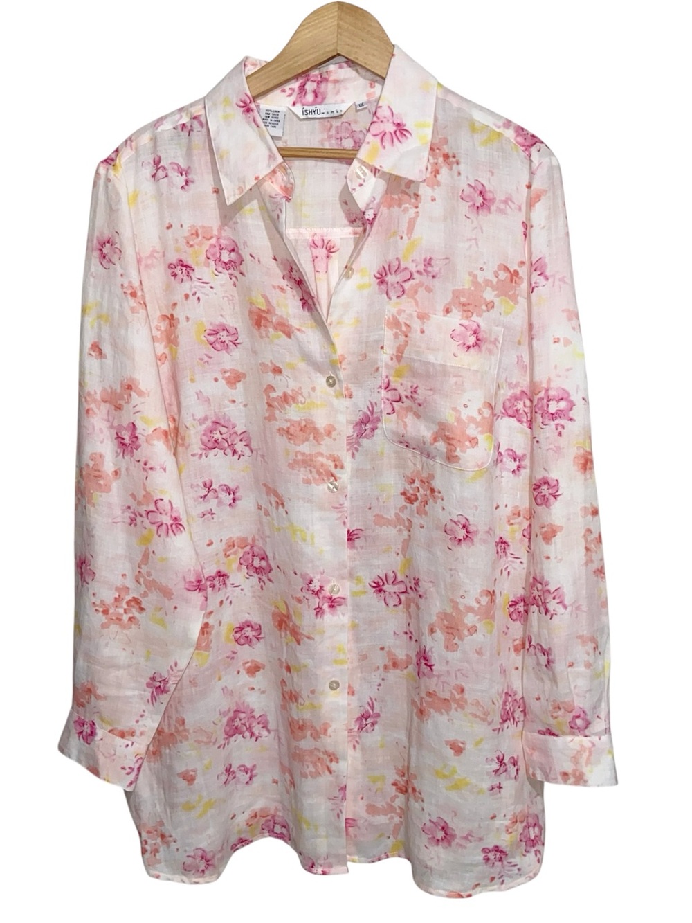 Ishyu 100% Linen Top Womens 1X Watercolor Pink Floral Coastal Beach Lagenlook